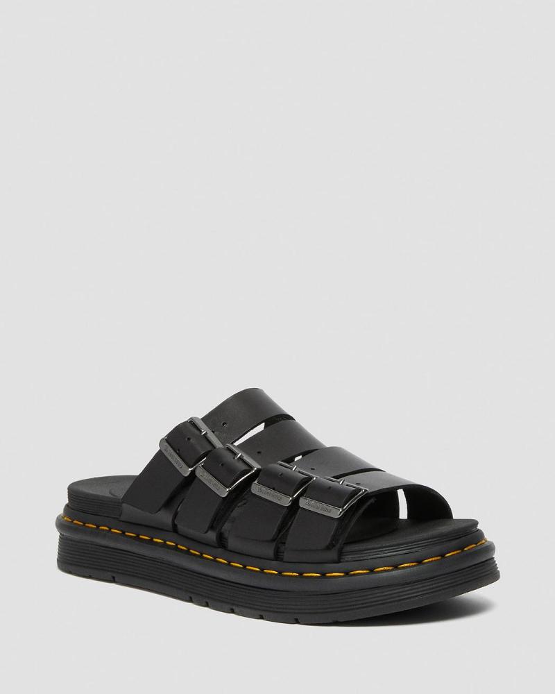 Black Women\'s Dr Martens Tate Leather Slide Sandals | CA 322EBC